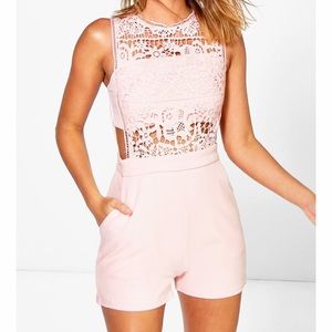 Boohoo crochet playsuit in blush NWT
